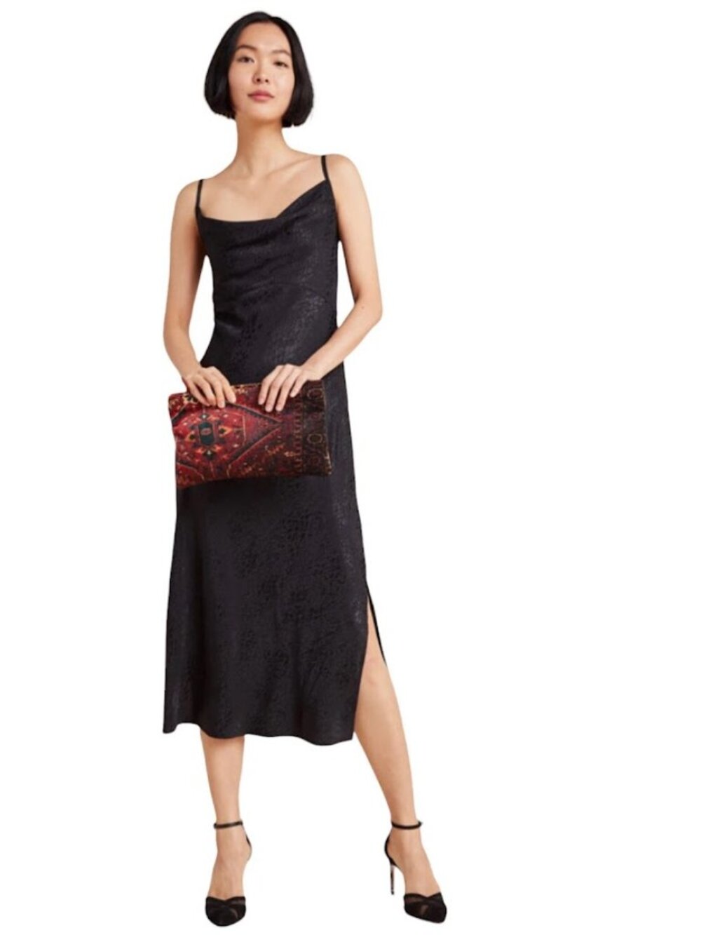 Anthropologie Amelie Jacquard Slip Midi Dress Size 4 Cowl Neck Slit Party Event
